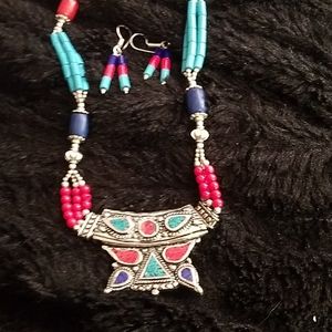 Turquoise and coral with lapis necklace